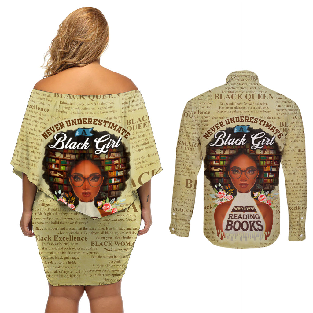 Personalized Black Girl African Couples Matching Off Shoulder Short Dress and Long Sleeve Button Shirt Never Underestimate A Book Lover - Wonder Print Shop
