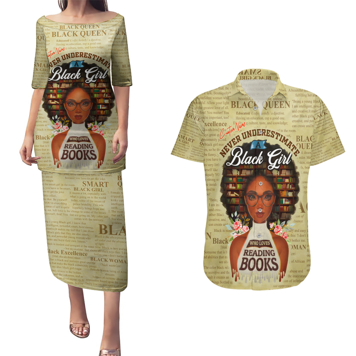 Personalized Black Girl African Couples Matching Puletasi and Hawaiian Shirt Never Underestimate A Book Lover - Wonder Print Shop