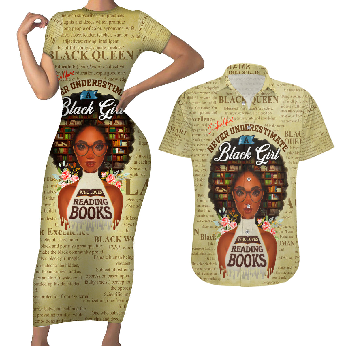 Personalized Black Girl African Couples Matching Short Sleeve Bodycon Dress and Hawaiian Shirt Never Underestimate A Book Lover - Wonder Print Shop