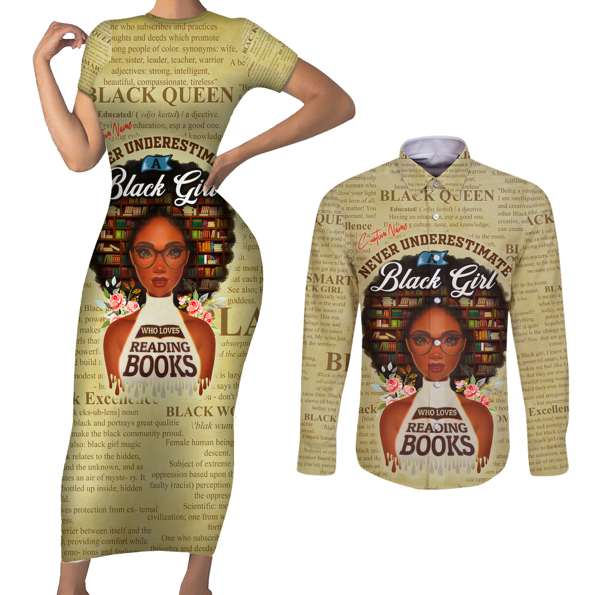 Personalized Black Girl African Couples Matching Short Sleeve Bodycon Dress and Long Sleeve Button Shirt Never Underestimate A Book Lover - Wonder Print Shop