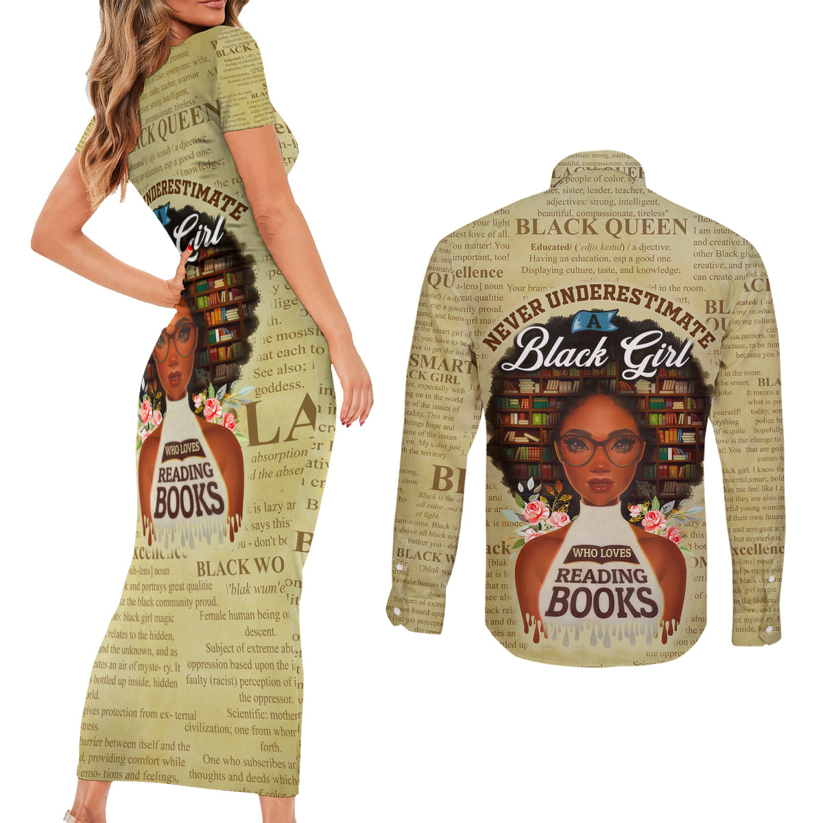 Personalized Black Girl African Couples Matching Short Sleeve Bodycon Dress and Long Sleeve Button Shirt Never Underestimate A Book Lover - Wonder Print Shop