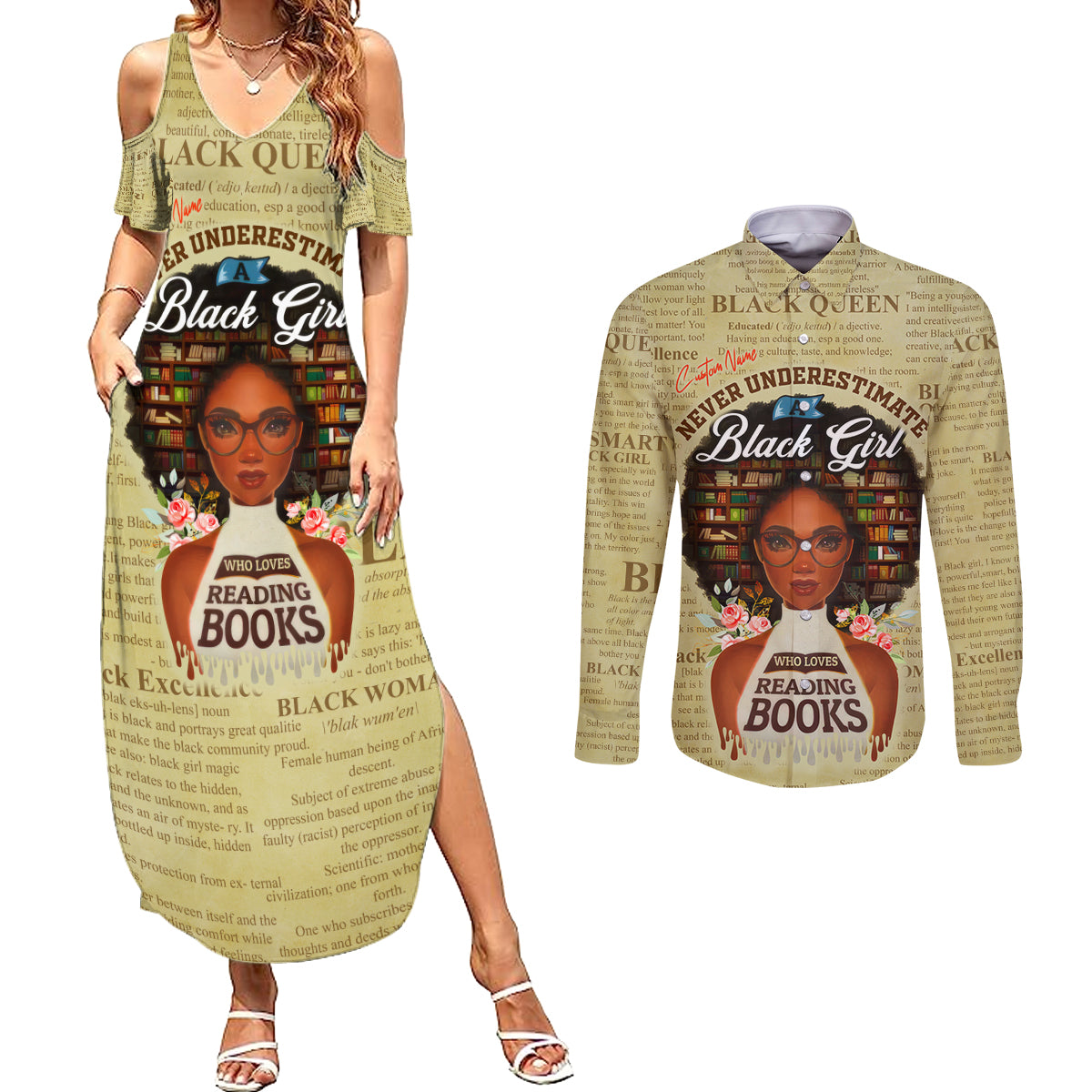 Personalized Black Girl African Couples Matching Summer Maxi Dress and Long Sleeve Button Shirt Never Underestimate A Book Lover - Wonder Print Shop