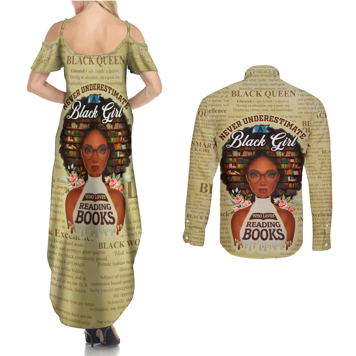 Personalized Black Girl African Couples Matching Summer Maxi Dress and Long Sleeve Button Shirt Never Underestimate A Book Lover - Wonder Print Shop