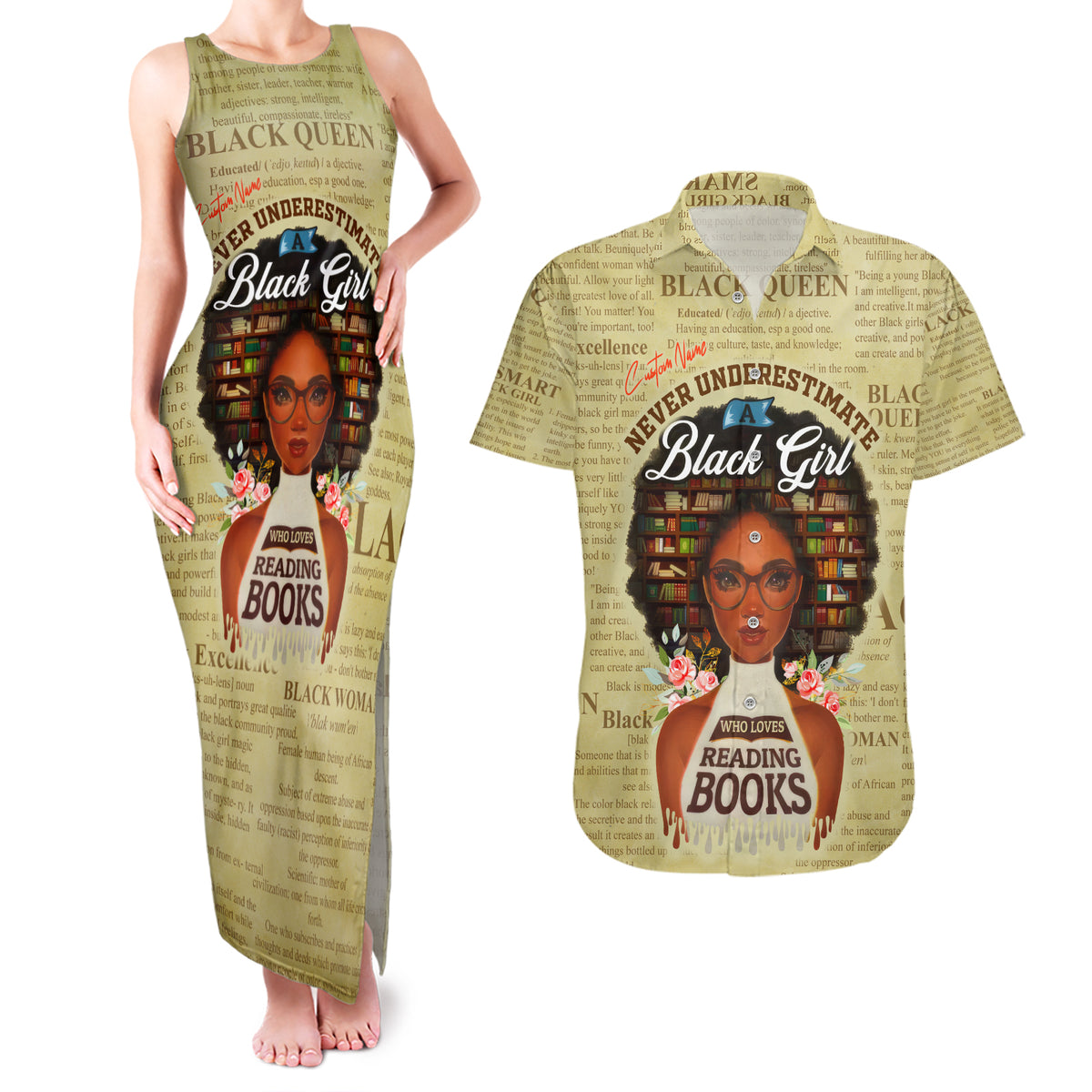 Personalized Black Girl African Couples Matching Tank Maxi Dress and Hawaiian Shirt Never Underestimate A Book Lover - Wonder Print Shop