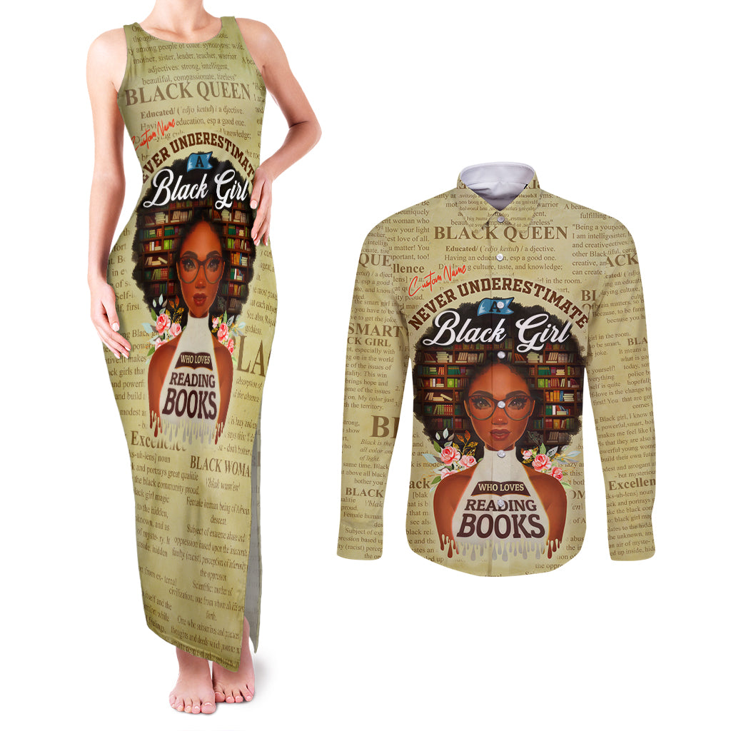 Personalized Black Girl African Couples Matching Tank Maxi Dress and Long Sleeve Button Shirt Never Underestimate A Book Lover - Wonder Print Shop