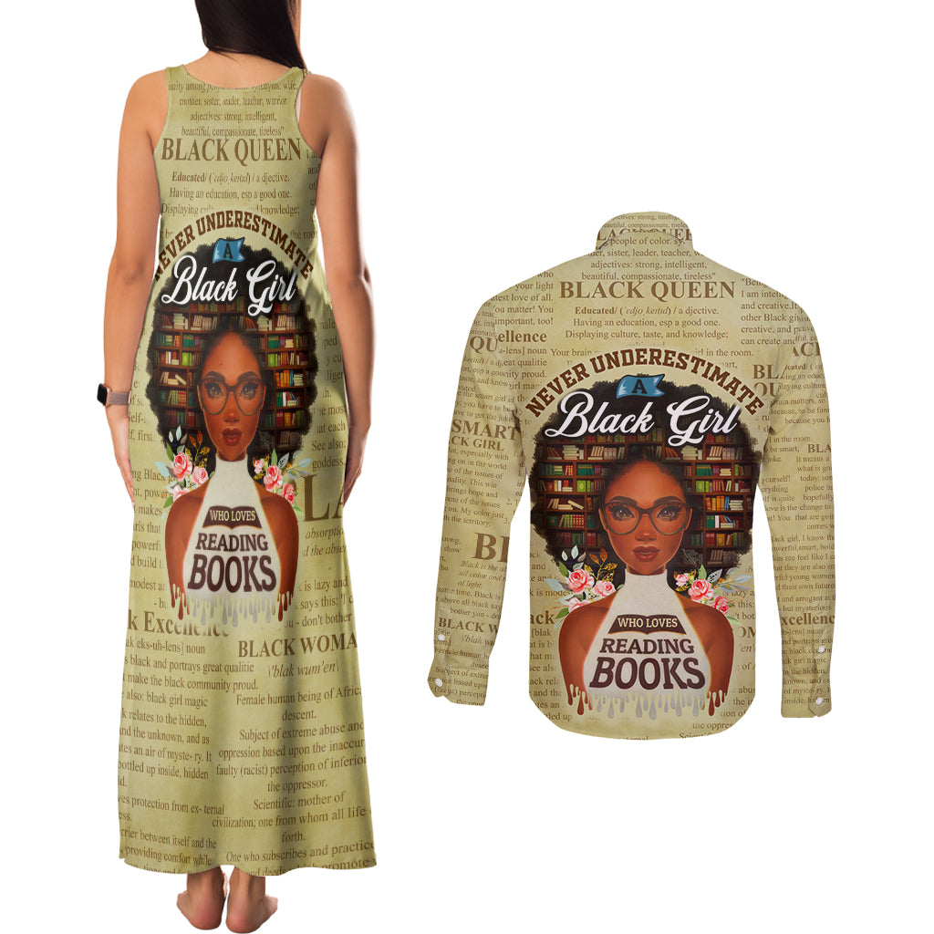 Personalized Black Girl African Couples Matching Tank Maxi Dress and Long Sleeve Button Shirt Never Underestimate A Book Lover - Wonder Print Shop