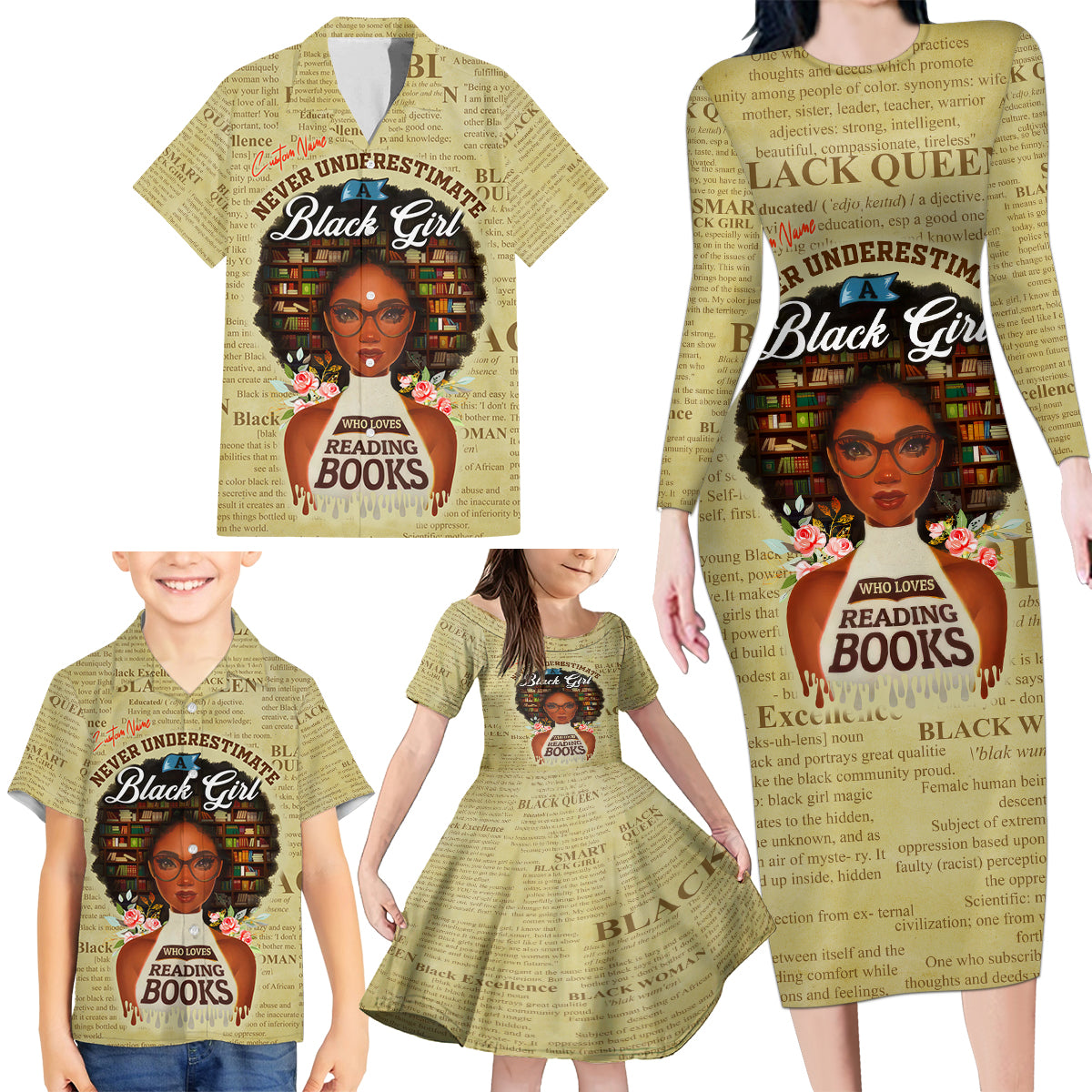 Personalized Black Girl African Family Matching Long Sleeve Bodycon Dress and Hawaiian Shirt Never Underestimate A Book Lover - Wonder Print Shop