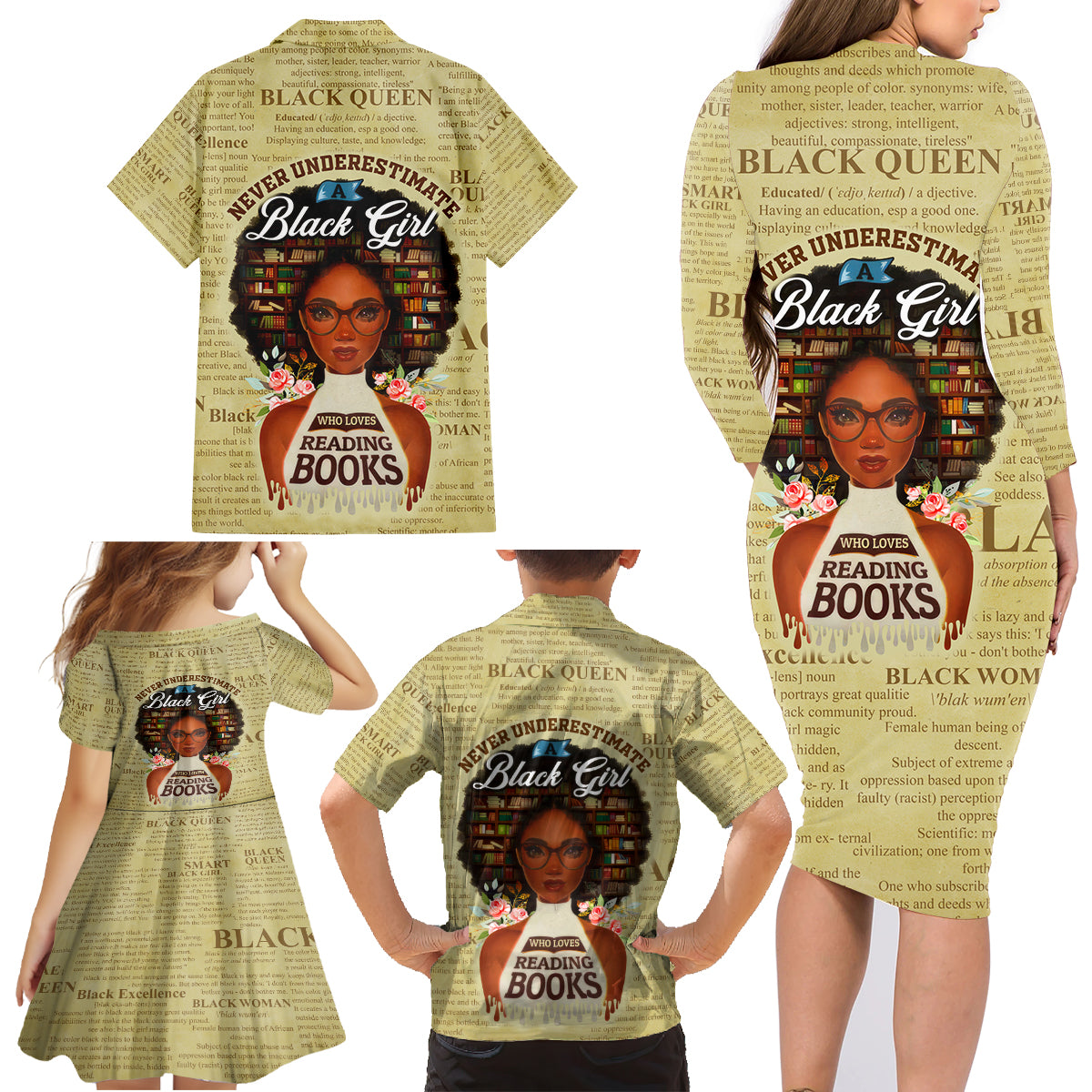 Personalized Black Girl African Family Matching Long Sleeve Bodycon Dress and Hawaiian Shirt Never Underestimate A Book Lover - Wonder Print Shop