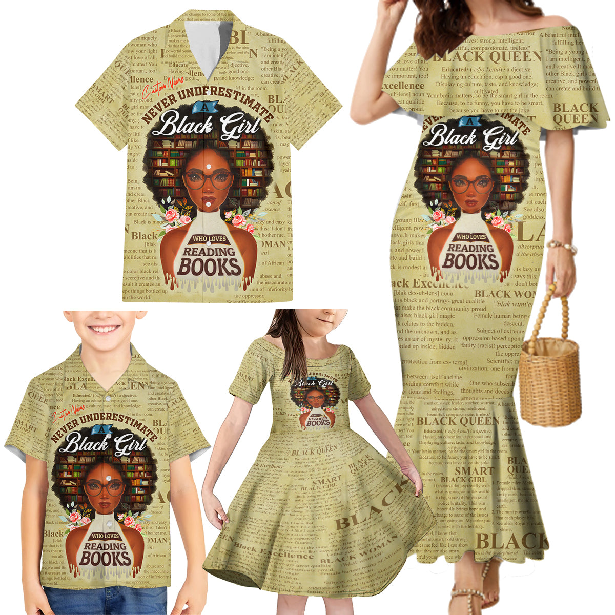 Personalized Black Girl African Family Matching Mermaid Dress and Hawaiian Shirt Never Underestimate A Book Lover - Wonder Print Shop
