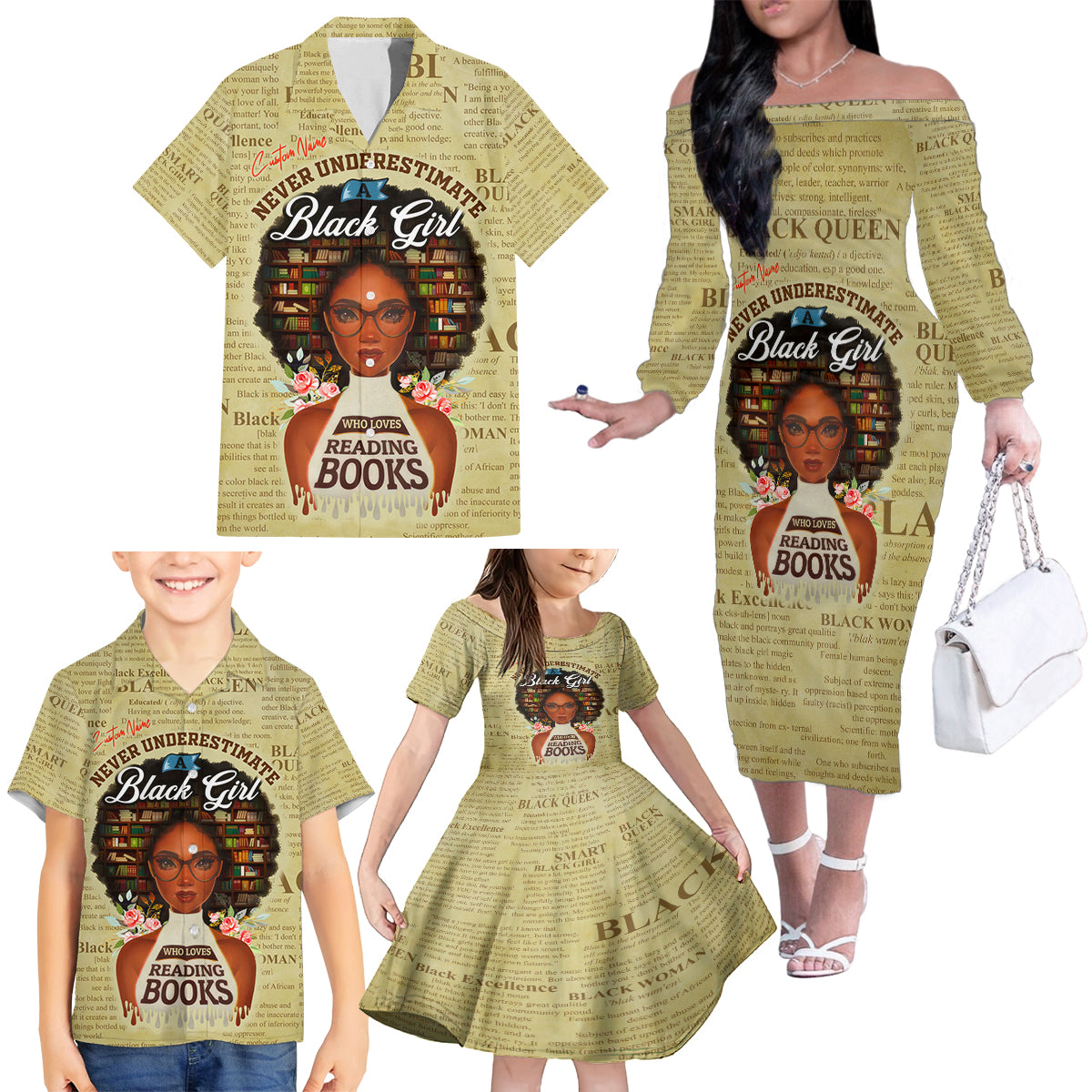 Personalized Black Girl African Family Matching Off Shoulder Long Sleeve Dress and Hawaiian Shirt Never Underestimate A Book Lover - Wonder Print Shop