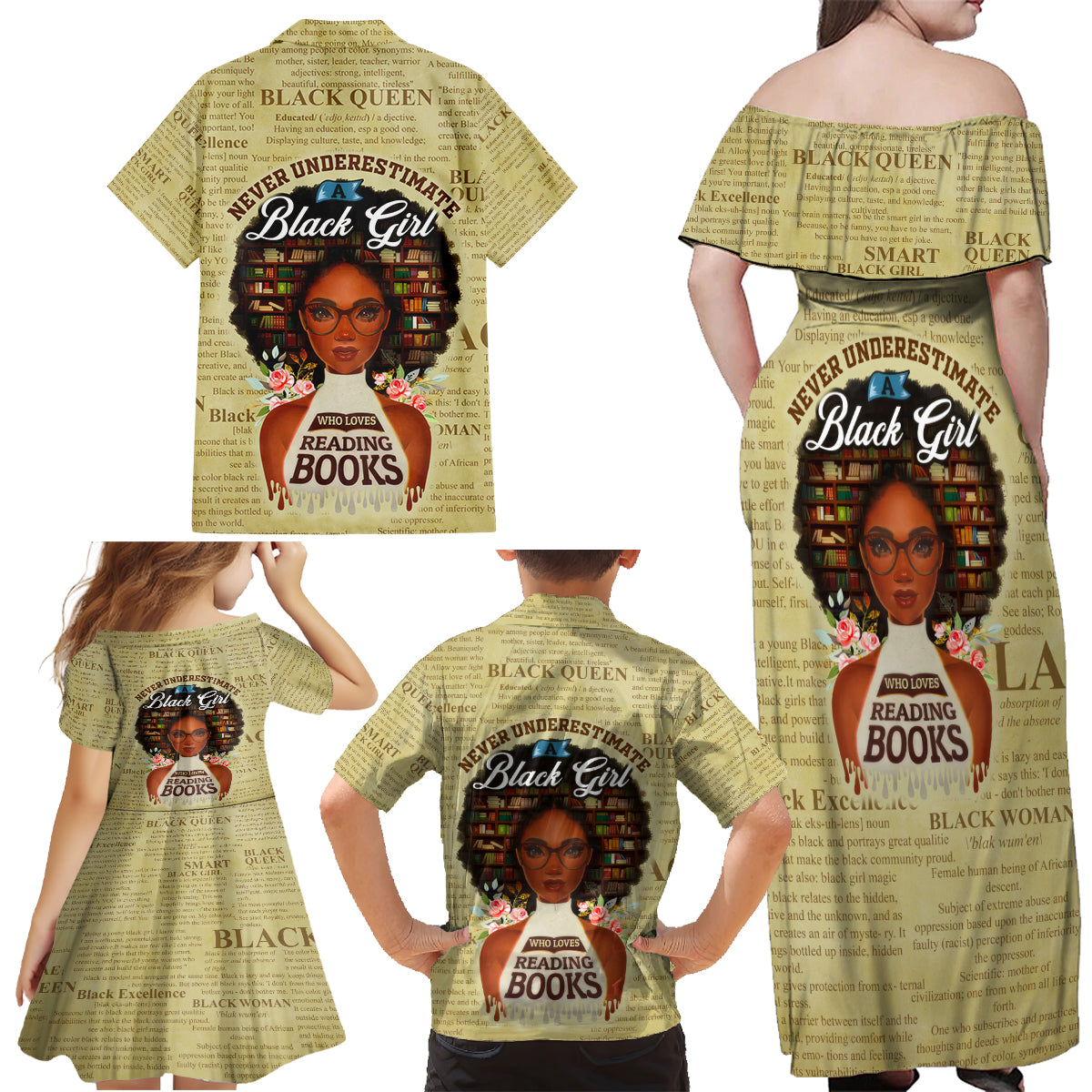 Personalized Black Girl African Family Matching Off Shoulder Maxi Dress and Hawaiian Shirt Never Underestimate A Book Lover - Wonder Print Shop