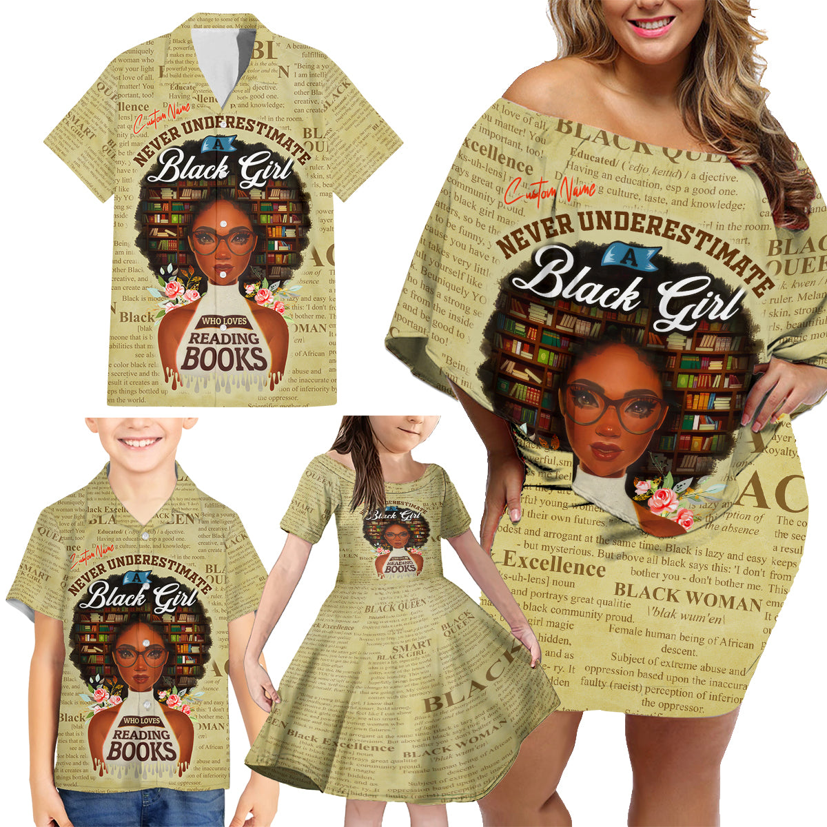 Personalized Black Girl African Family Matching Off Shoulder Short Dress and Hawaiian Shirt Never Underestimate A Book Lover - Wonder Print Shop