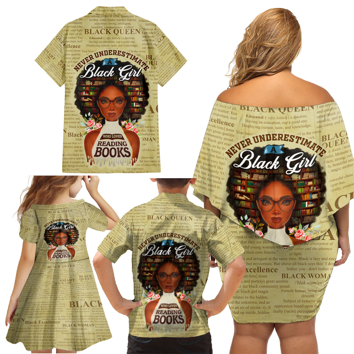 Personalized Black Girl African Family Matching Off Shoulder Short Dress and Hawaiian Shirt Never Underestimate A Book Lover - Wonder Print Shop