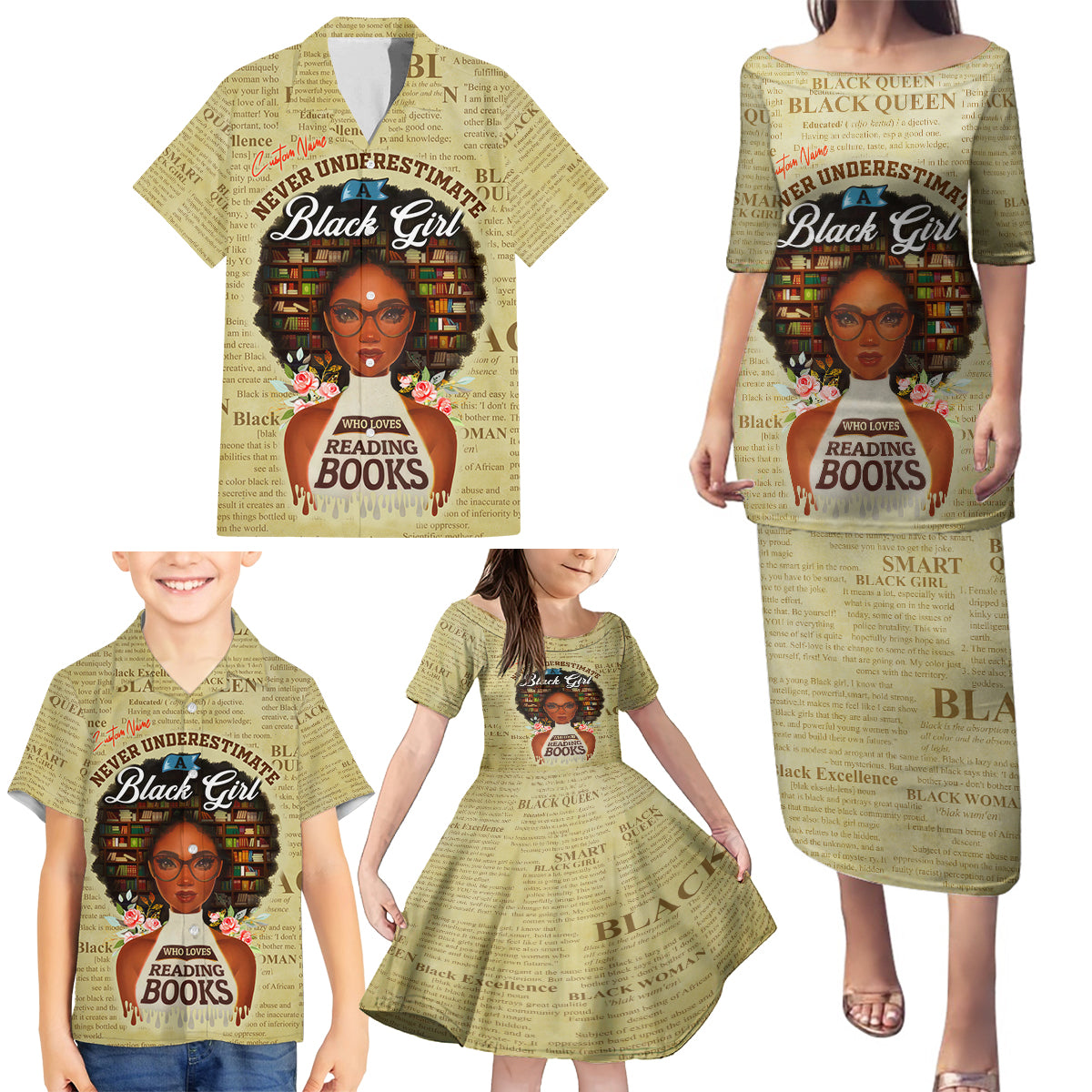 Personalized Black Girl African Family Matching Puletasi and Hawaiian Shirt Never Underestimate A Book Lover - Wonder Print Shop