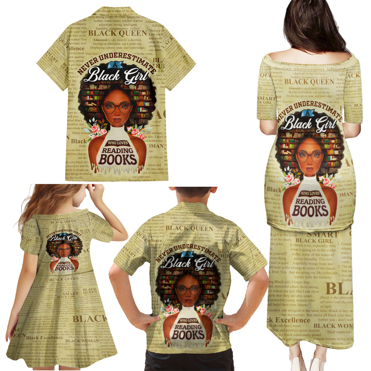 Personalized Black Girl African Family Matching Puletasi and Hawaiian Shirt Never Underestimate A Book Lover - Wonder Print Shop