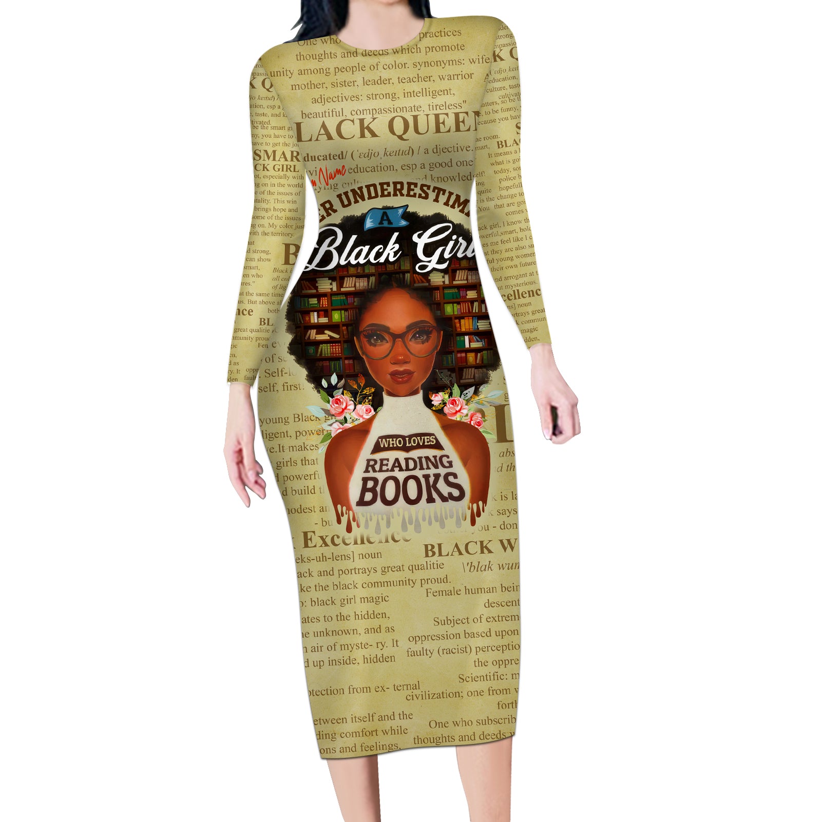 Personalized Black Girl African Long Sleeve Bodycon Dress Never Underestimate A Book Lover - Wonder Print Shop