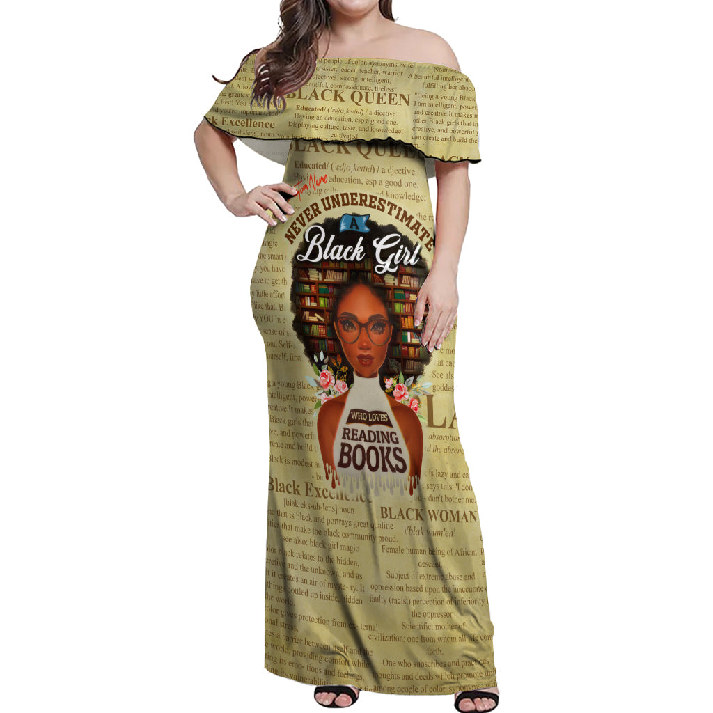 Personalized Black Girl African Off Shoulder Maxi Dress Never Underestimate A Book Lover - Wonder Print Shop