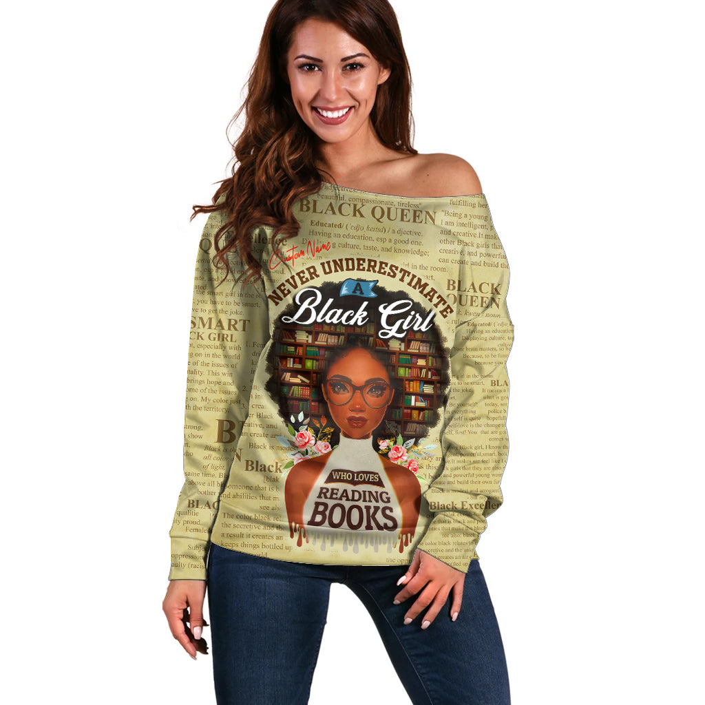 Personalized Black Girl African Off Shoulder Sweater Never Underestimate A Book Lover - Wonder Print Shop
