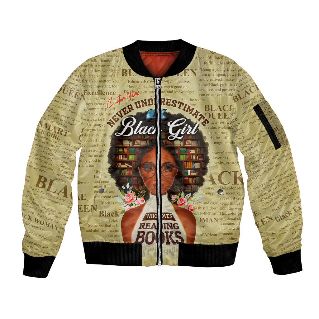 Personalized Black Girl African Sleeve Zip Bomber Jacket Never Underestimate A Book Lover - Wonder Print Shop