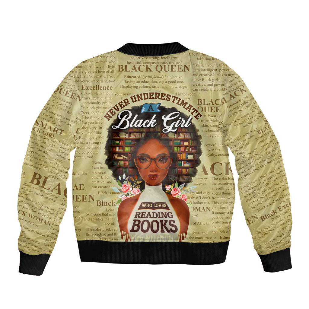 Personalized Black Girl African Sleeve Zip Bomber Jacket Never Underestimate A Book Lover - Wonder Print Shop