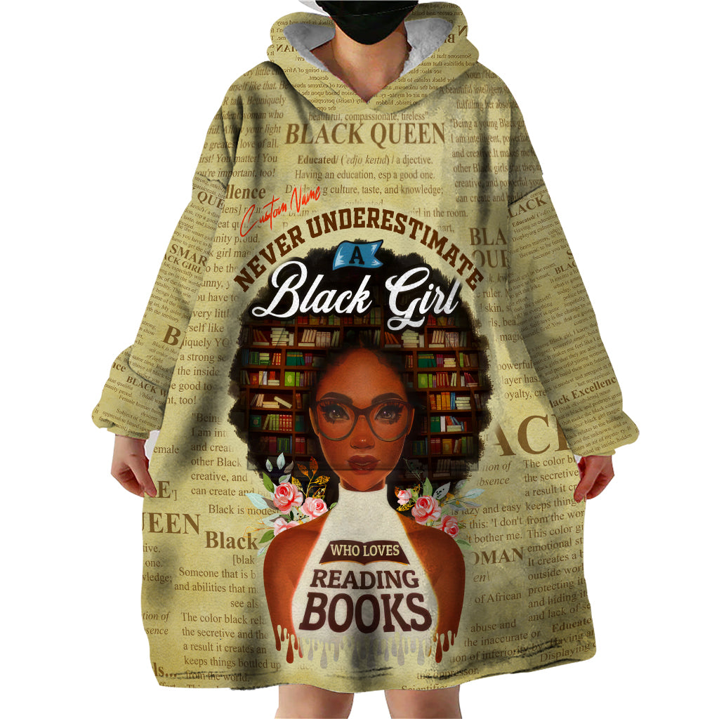 Personalized Black Girl African Wearable Blanket Hoodie Never Underestimate A Book Lover - Wonder Print Shop