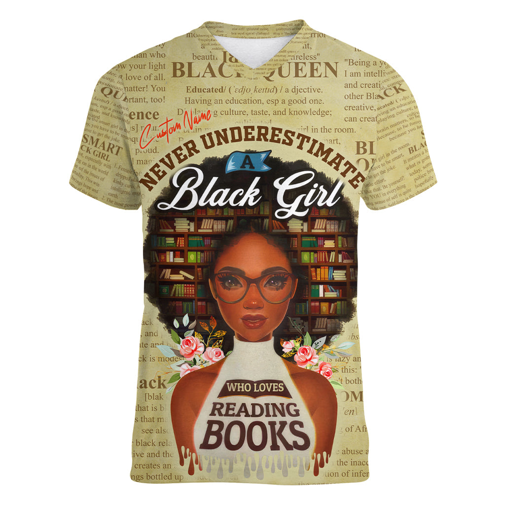 Personalized Black Girl African Women V Neck T Shirt Never Underestimate A Book Lover - Wonder Print Shop