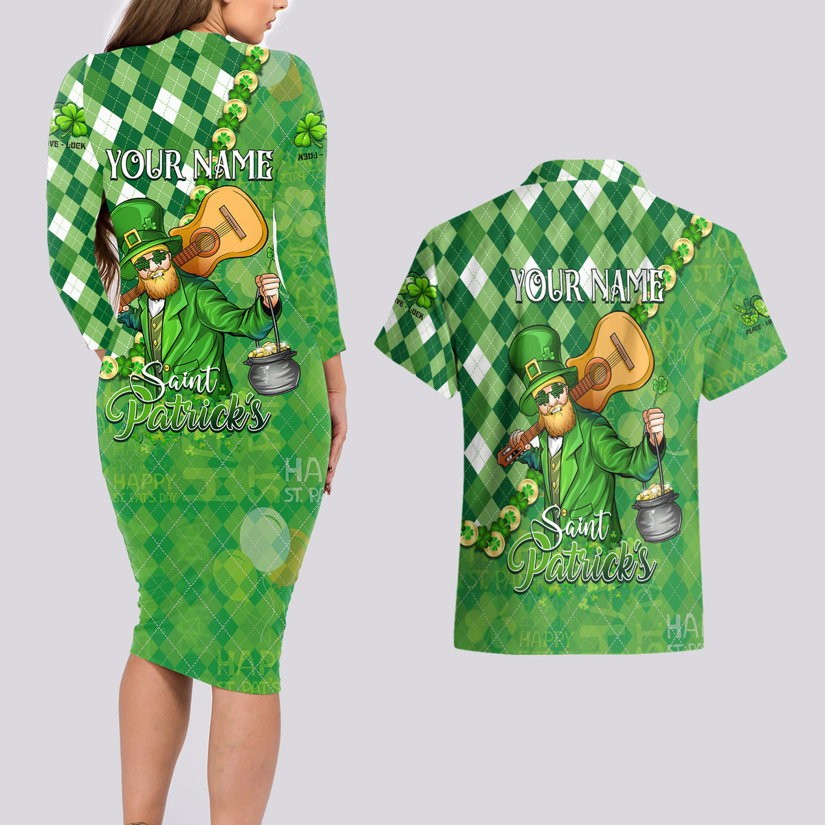 Personalized Happy St Patrick's Day Couples Matching Long Sleeve Bodycon Dress and Hawaiian Shirt Irish Leprechaun - Wonder Print Shop