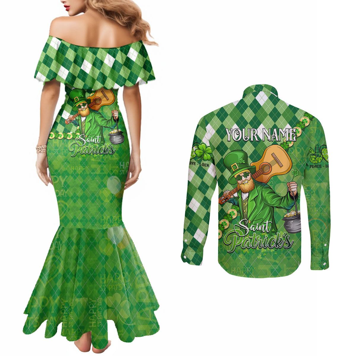 Personalized Happy St Patrick's Day Couples Matching Mermaid Dress and Long Sleeve Button Shirt Irish Leprechaun