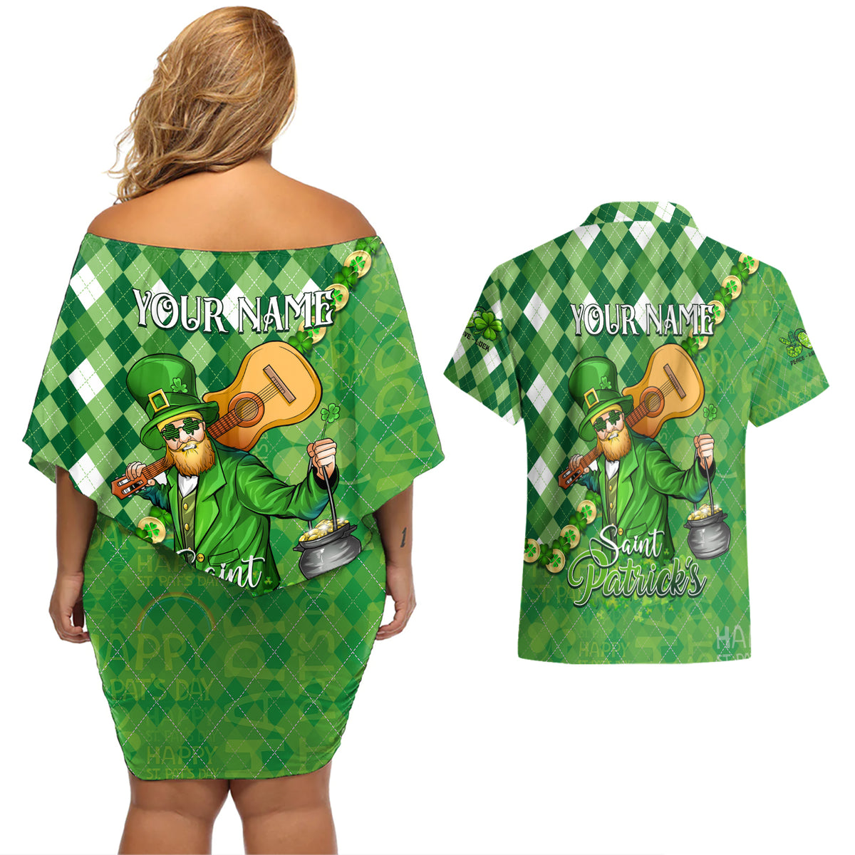 Personalized Happy St Patrick's Day Couples Matching Off Shoulder Short Dress and Hawaiian Shirt Irish Leprechaun - Wonder Print Shop