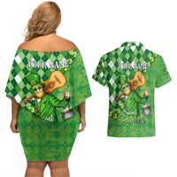 Personalized Happy St Patrick's Day Couples Matching Off Shoulder Short Dress and Hawaiian Shirt Irish Leprechaun - Wonder Print Shop