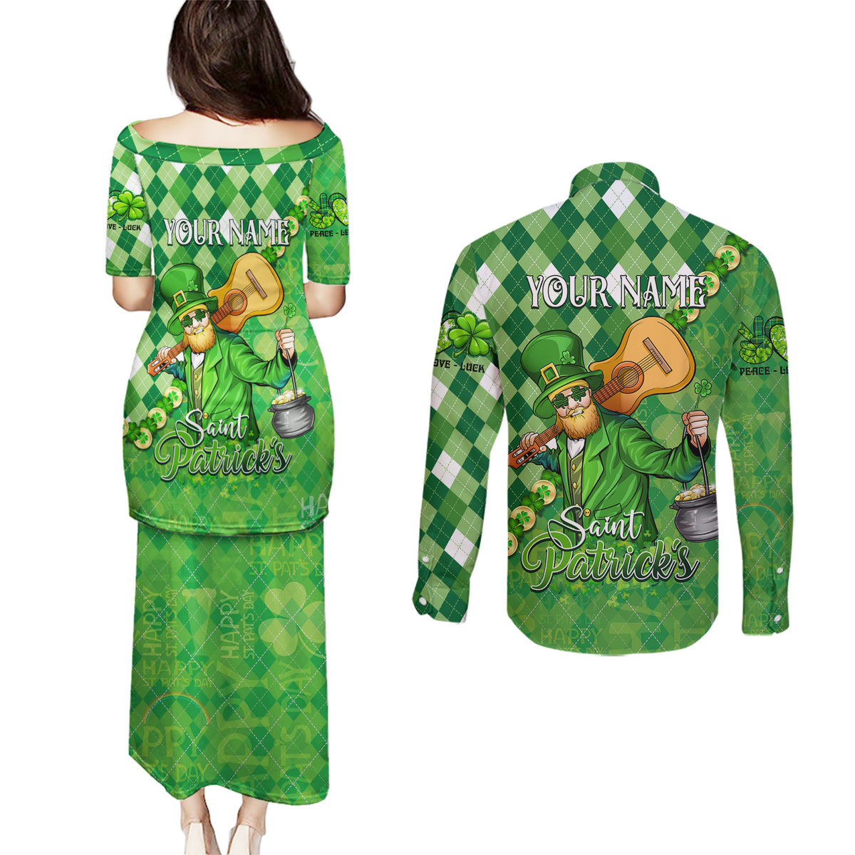 Personalized Happy St Patrick's Day Couples Matching Puletasi and Long Sleeve Button Shirt Irish Leprechaun - Wonder Print Shop