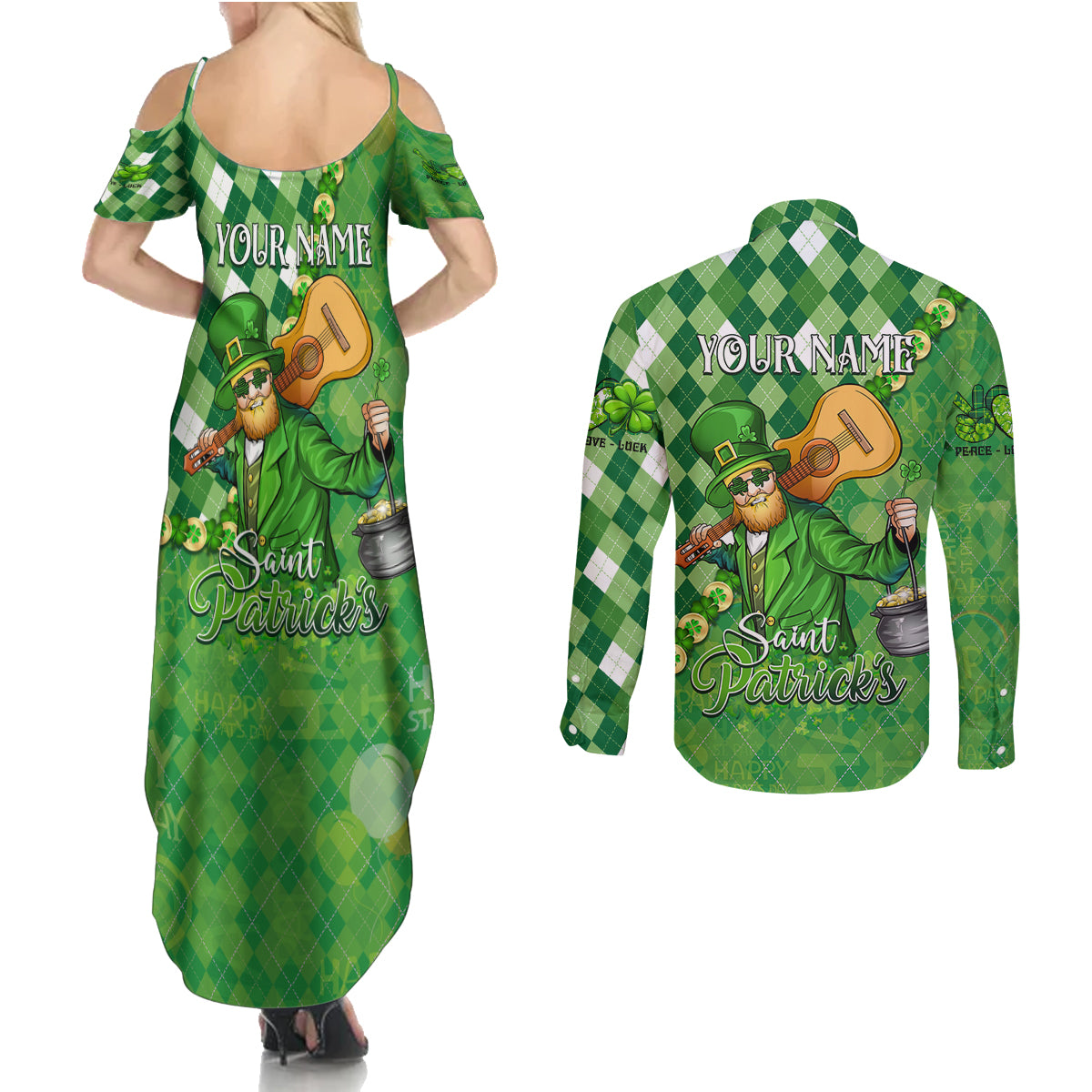 Personalized Happy St Patrick's Day Couples Matching Summer Maxi Dress and Long Sleeve Button Shirt Irish Leprechaun - Wonder Print Shop