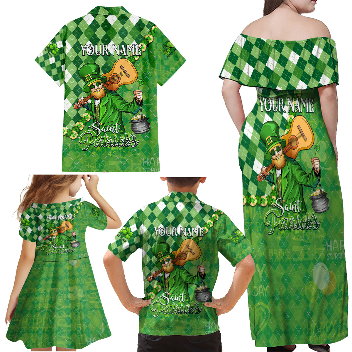 Personalized Happy St Patrick's Day Family Matching Off Shoulder Maxi Dress and Hawaiian Shirt Irish Leprechaun - Wonder Print Shop