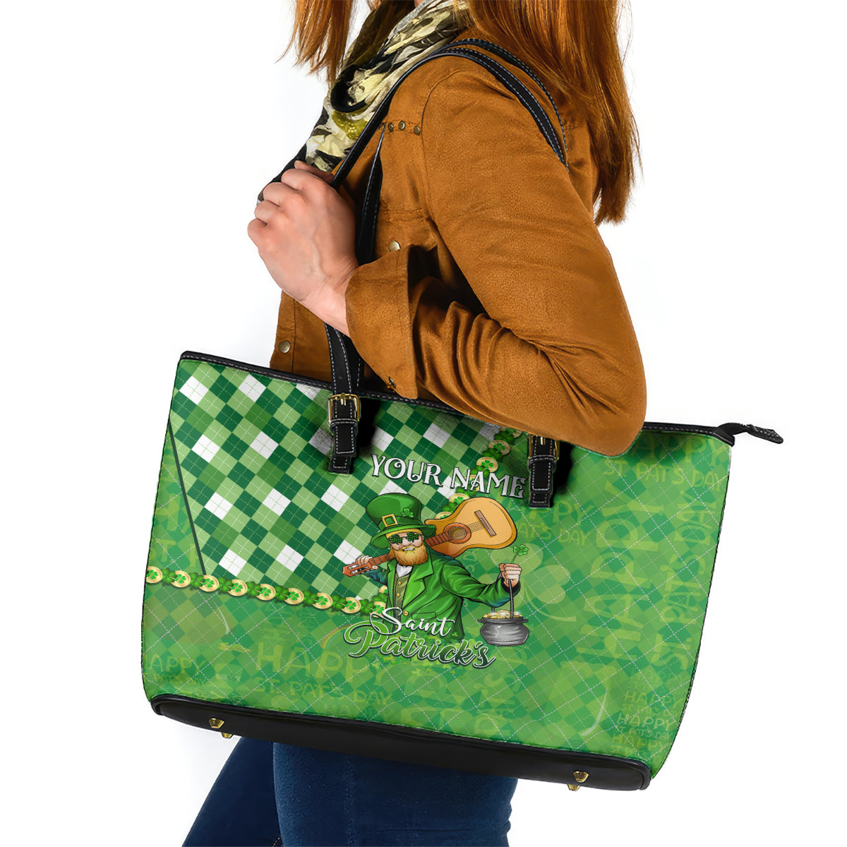 Personalized Happy St Patrick's Day Leather Tote Bag Irish Leprechaun