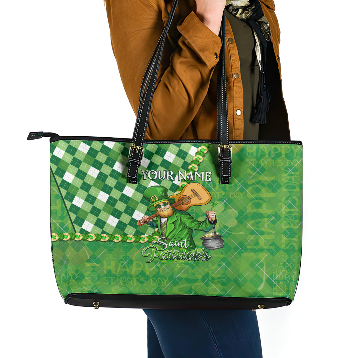 Personalized Happy St Patrick's Day Leather Tote Bag Irish Leprechaun - Wonder Print Shop