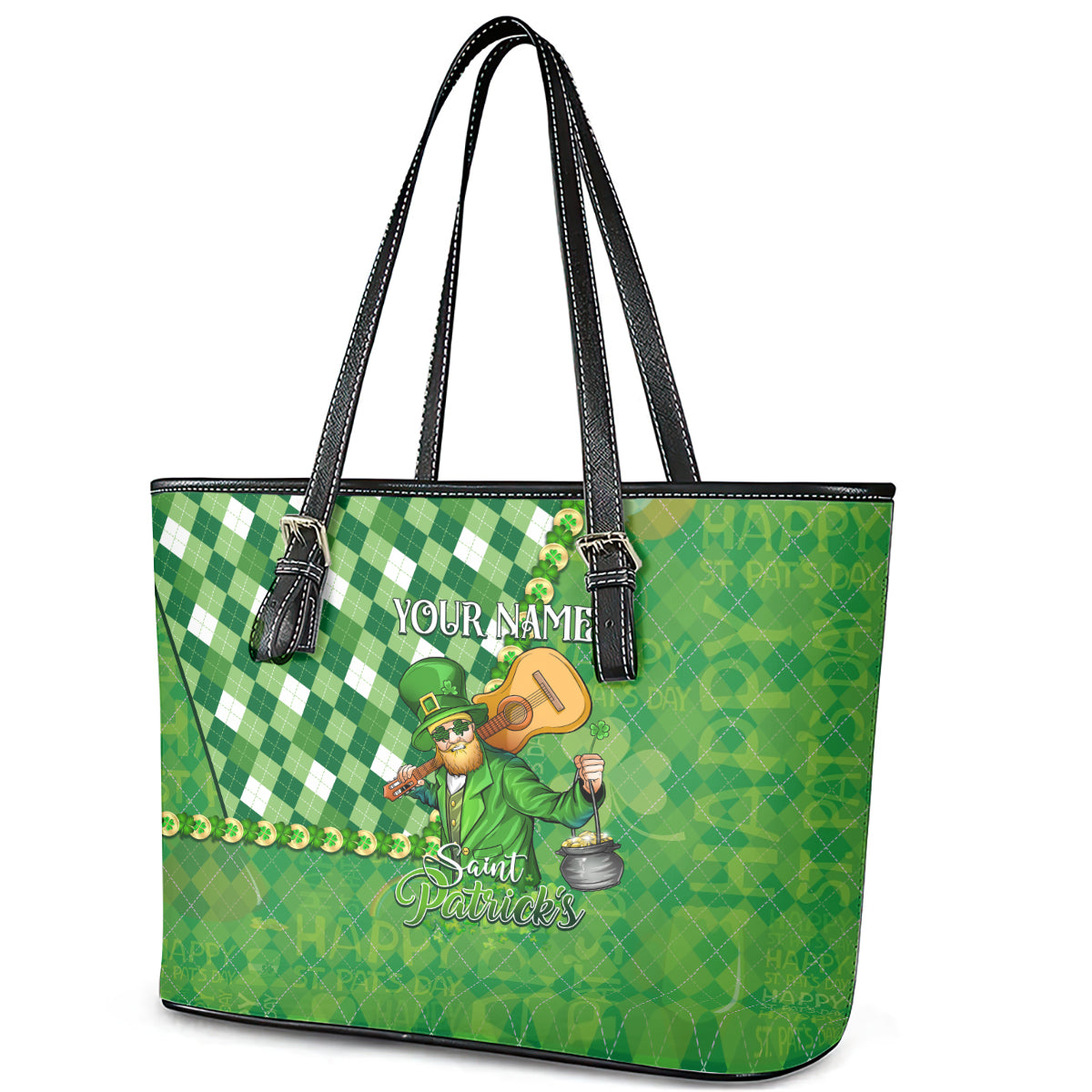 Personalized Happy St Patrick's Day Leather Tote Bag Irish Leprechaun - Wonder Print Shop