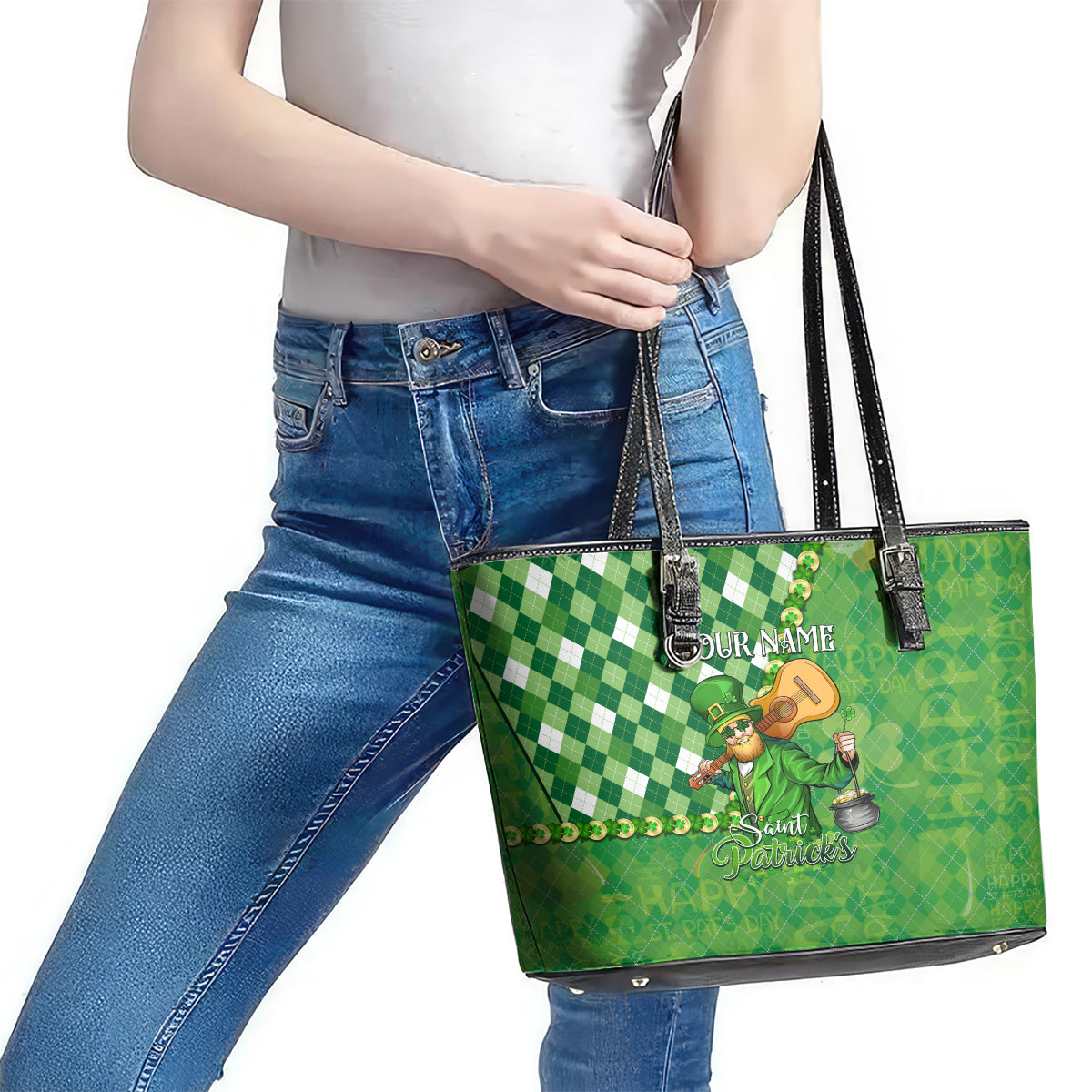 Personalized Happy St Patrick's Day Leather Tote Bag Irish Leprechaun - Wonder Print Shop