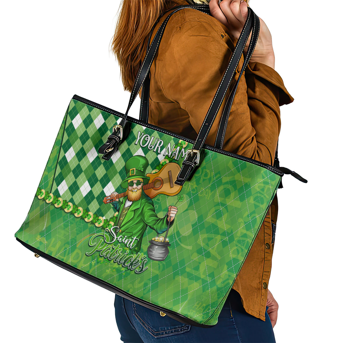 Personalized Happy St Patrick's Day Leather Tote Bag Irish Leprechaun - Wonder Print Shop