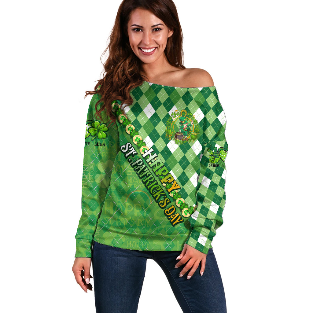 Personalized Happy St Patrick's Day Off Shoulder Sweater Irish Leprechaun - Wonder Print Shop