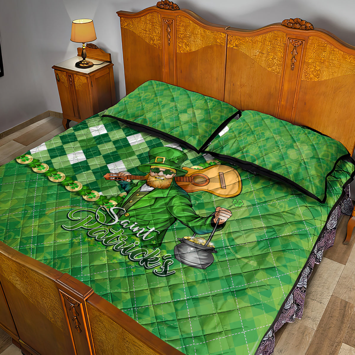 Personalized Happy St Patrick's Day Quilt Bed Set Irish Leprechaun - Wonder Print Shop