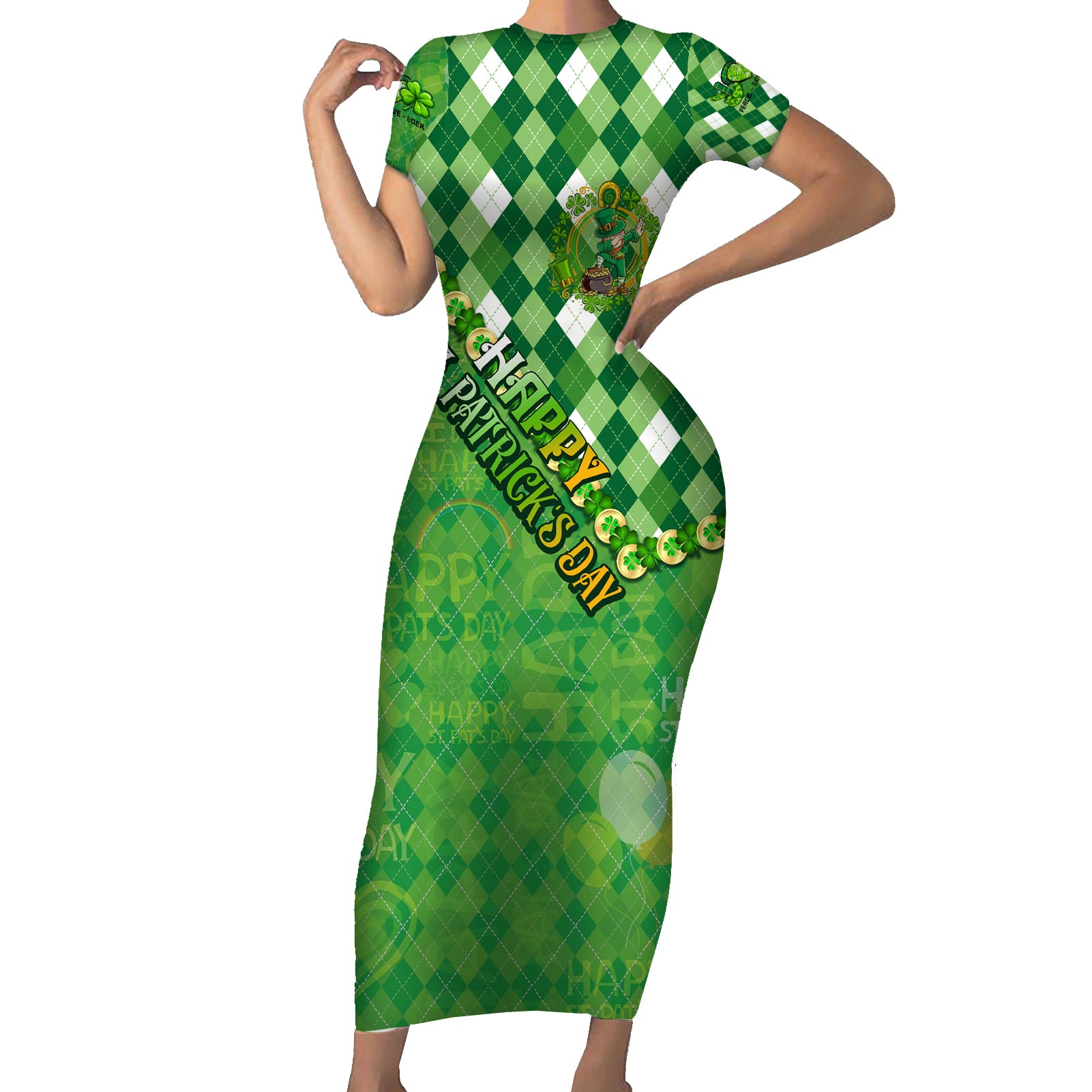 Personalized Happy St Patrick's Day Short Sleeve Bodycon Dress Irish Leprechaun - Wonder Print Shop