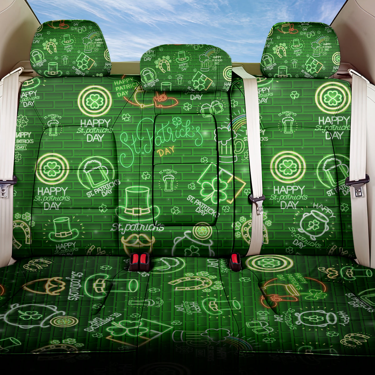 Ireland St Patrick's Day Back Car Seat Cover Symbols Neon - Wonder Print Shop
