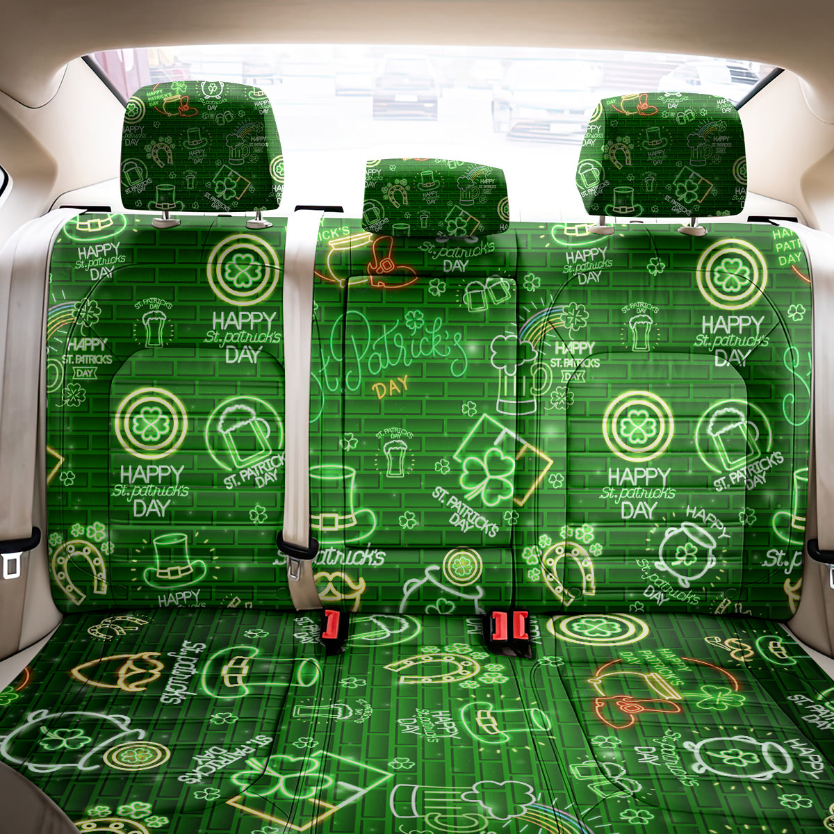 Ireland St Patrick's Day Back Car Seat Cover Symbols Neon - Wonder Print Shop