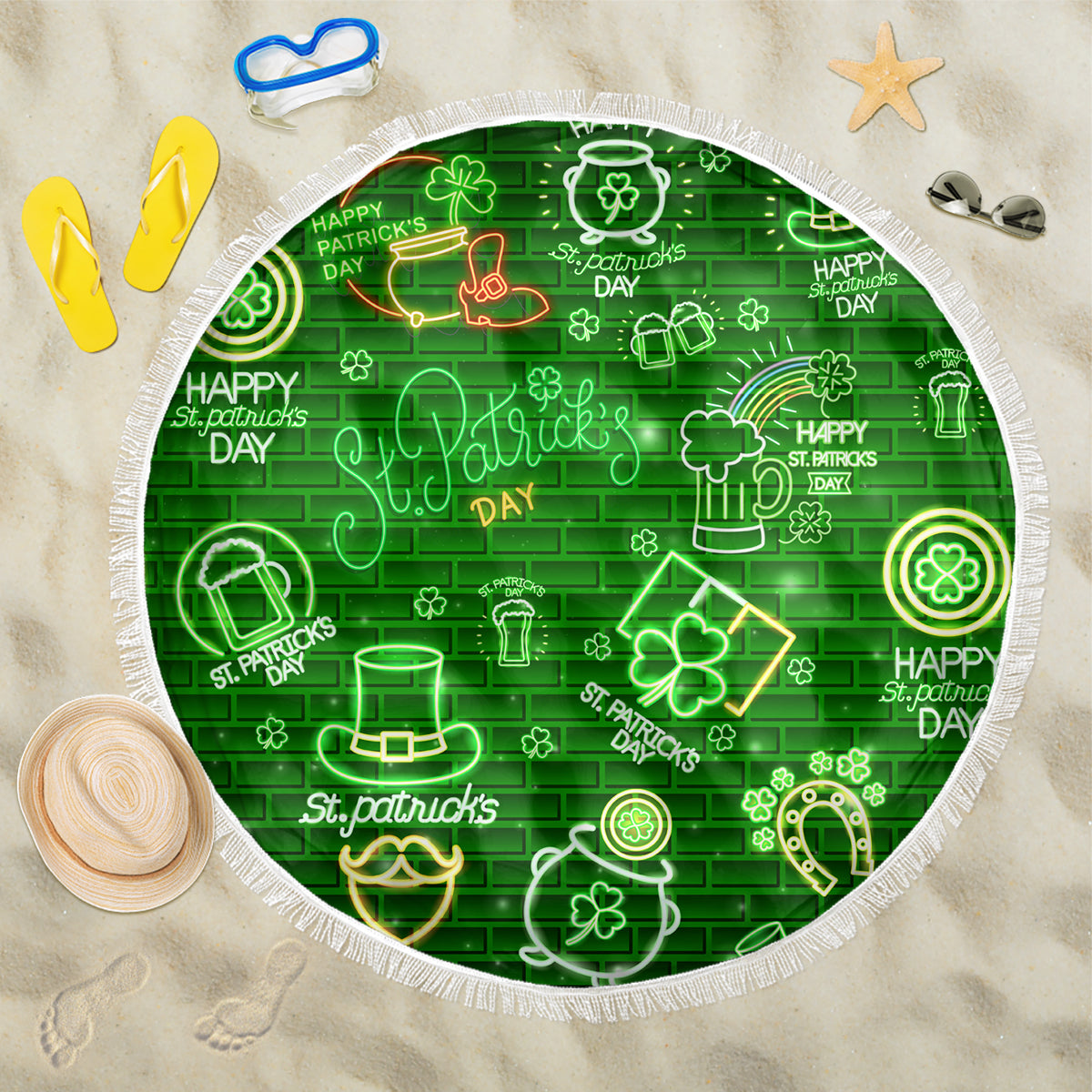 Ireland St Patrick's Day Beach Blanket Symbols Neon - Wonder Print Shop
