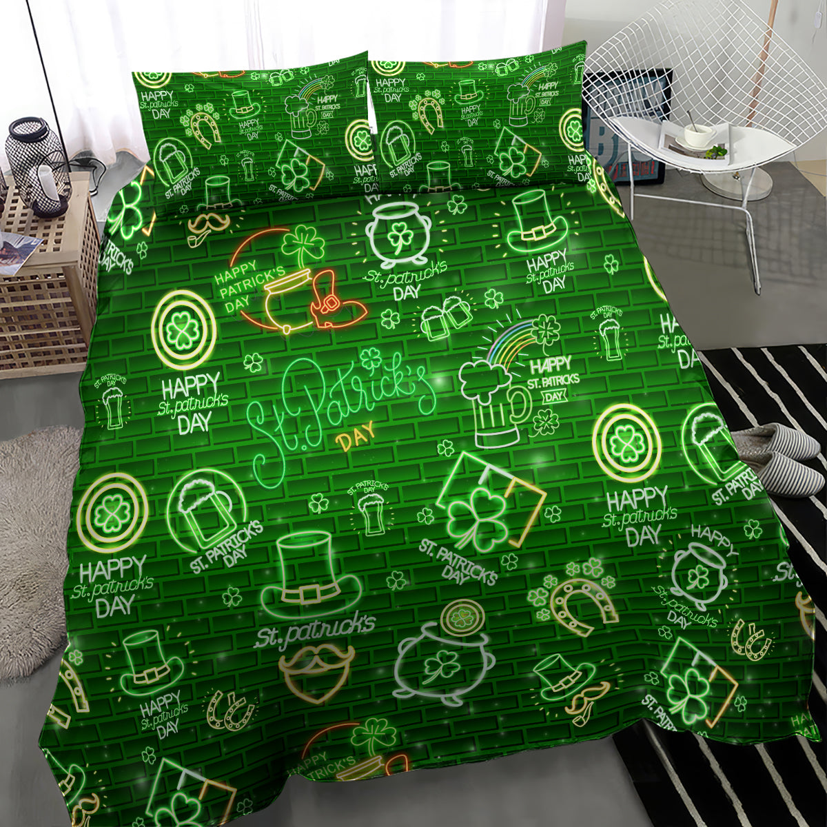Ireland St Patrick's Day Bedding Set Symbols Neon - Wonder Print Shop