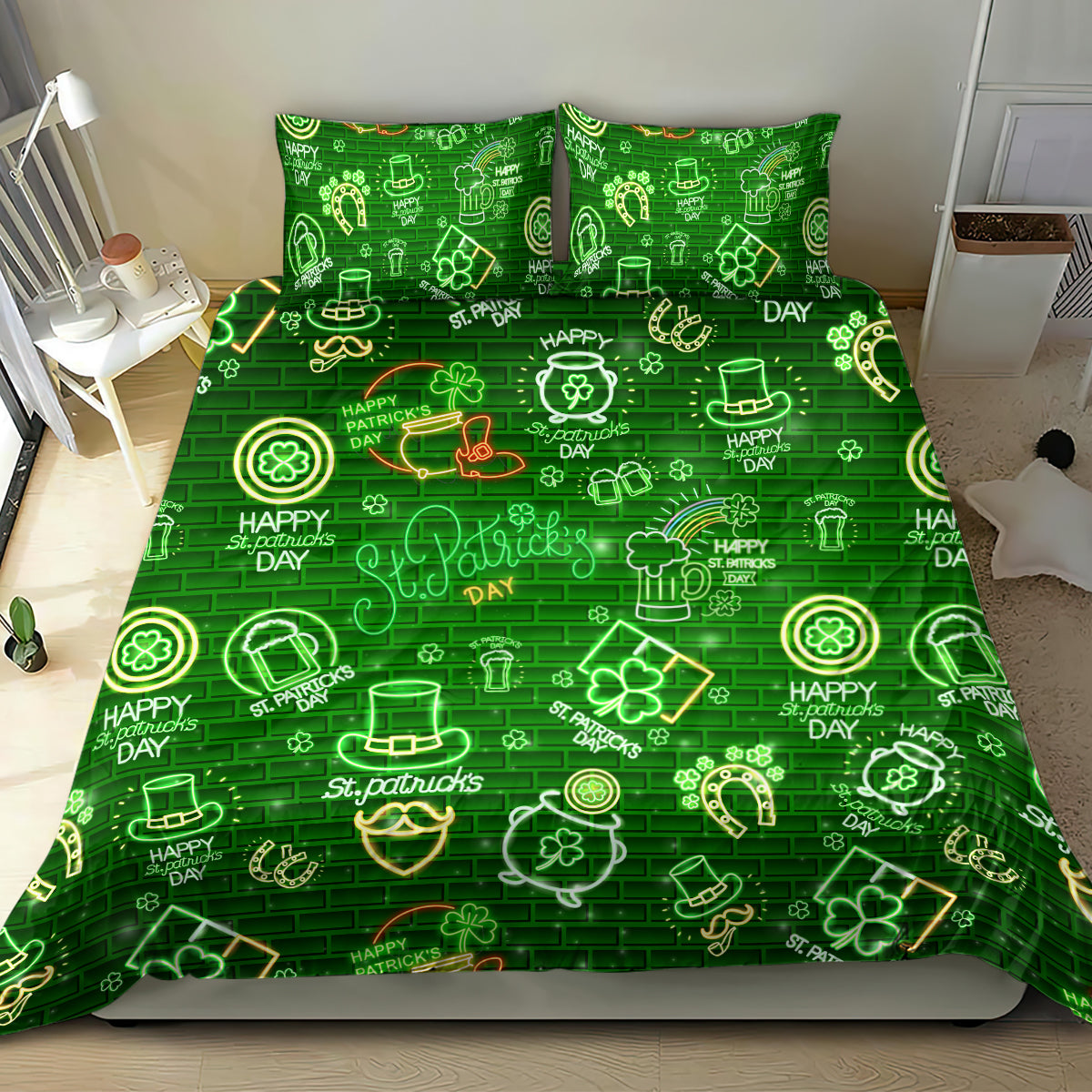 Ireland St Patrick's Day Bedding Set Symbols Neon - Wonder Print Shop