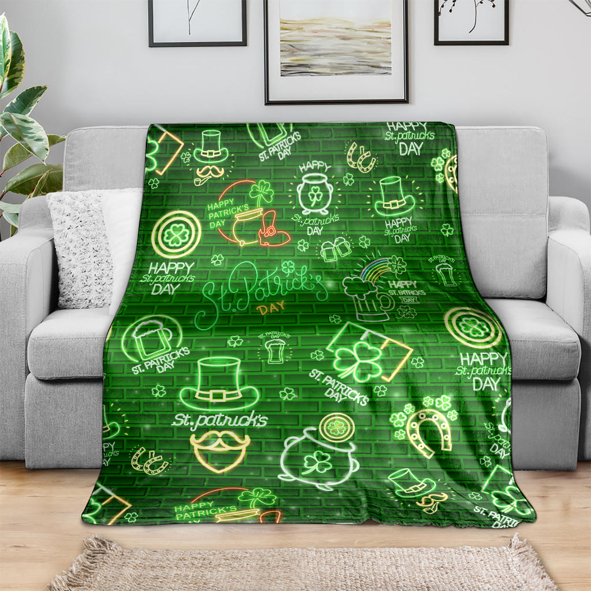 Ireland St Patrick's Day Blanket Symbols Neon