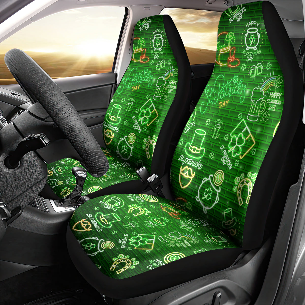 Ireland St Patrick's Day Car Seat Cover Symbols Neon - Wonder Print Shop