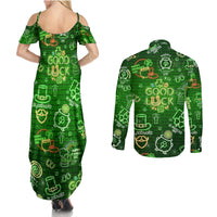 Ireland St Patrick's Day Couples Matching Summer Maxi Dress and Long Sleeve Button Shirt Symbols Neon - Wonder Print Shop