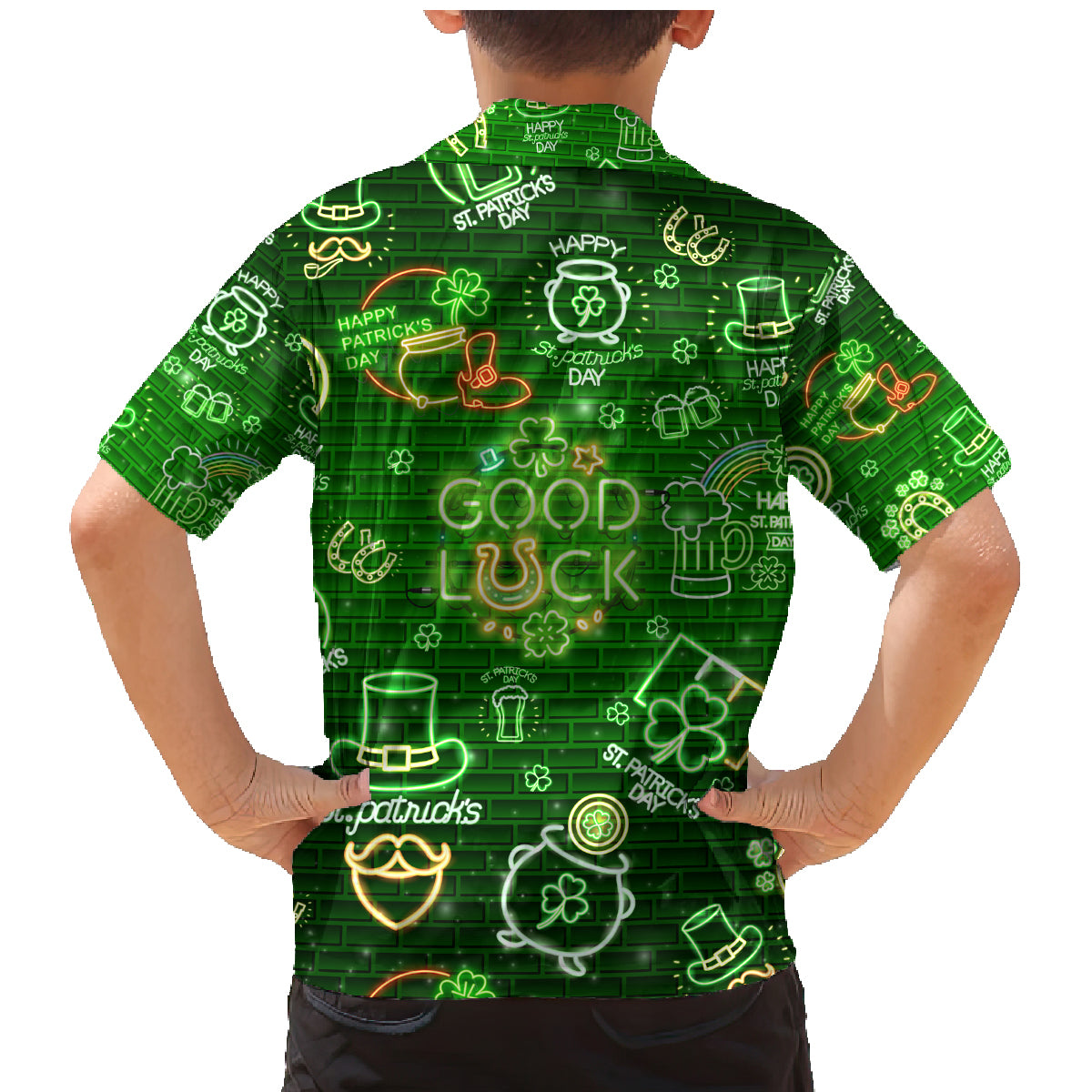Ireland St Patrick's Day Family Matching Mermaid Dress and Hawaiian Shirt Symbols Neon - Wonder Print Shop